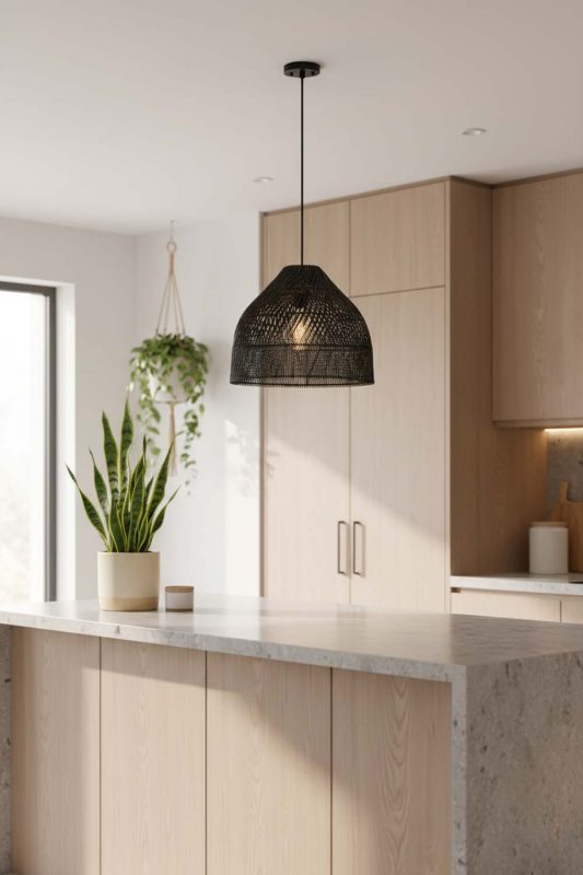 Kitchen Black Rattan Wide Dome Fixture - Clean & Modern Look