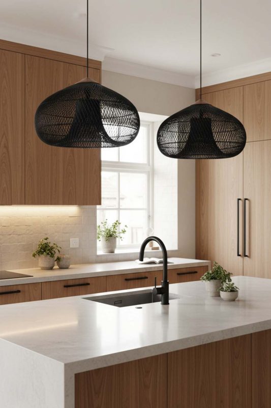 Kitchen Black Vintage Wood Rattan Pendant Light - Sleek & Stylish