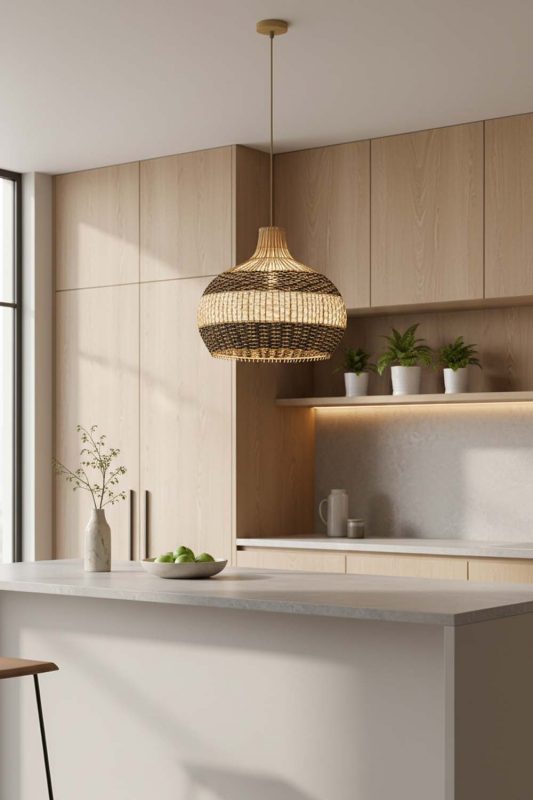 Kitchen Black White Round Rattan Pendant - Bright & Functional
