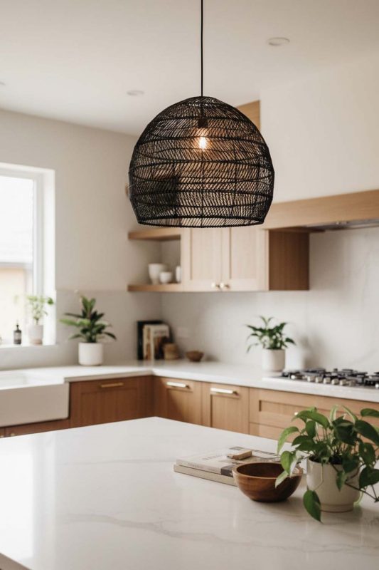 Kitchen Black Wicker Basket Pendant Light - Clean & Modern Look