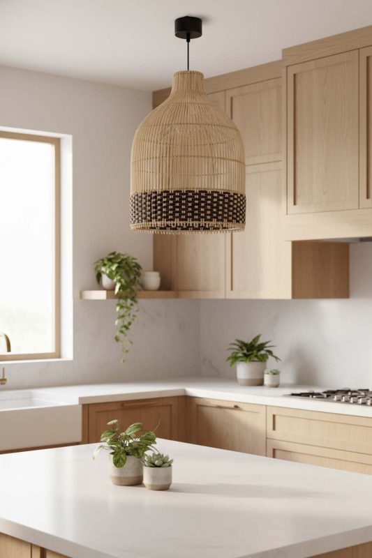 Kitchen Bottom Dark Brown Wicker Bell Pendant Light - Sleek & Stylish
