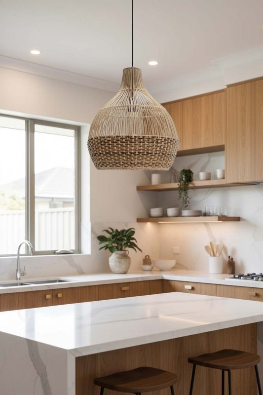 Kitchen Bottom Tan Brown Rattan Pendant Light - Clean & Modern Look