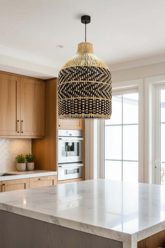 Kitchen Dark Brown Rattan Bell Pendant Light - Clean & Modern Look