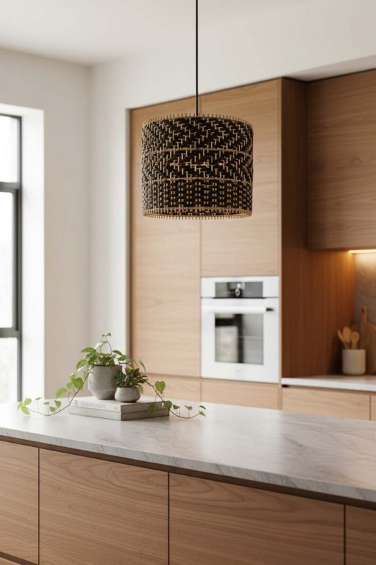 Kitchen Dark Rattan Drum Pendant Light - Practical & Beautiful