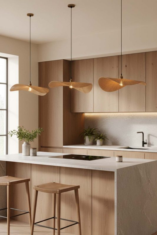 Kitchen Flat Rattan Pendant Light - Clean & Modern Look