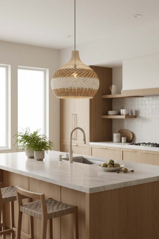 Kitchen Light Brown White Rattan Pendant Light - Clean & Modern Look