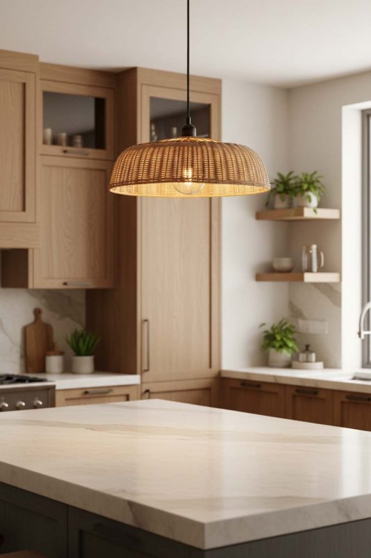 Kitchen Rattan Disc Pendant Light - Clean & Modern Look