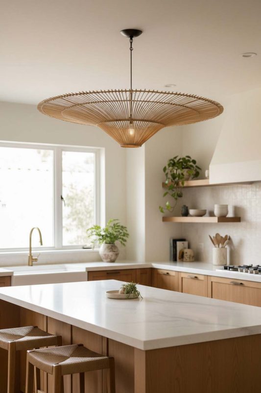 Kitchen Rattan Umbrella Pendant Light - Bright & Functional