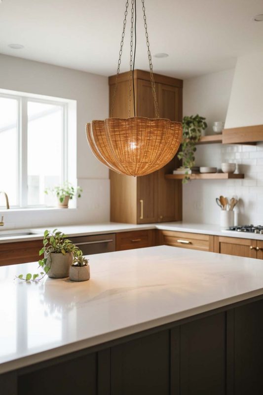 Kitchen Scalloped Rattan Pendant Light - Bright & Functional