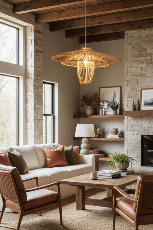 Organic Modern Beige Bamboo Starburst Pendant Light - Modern & Warm