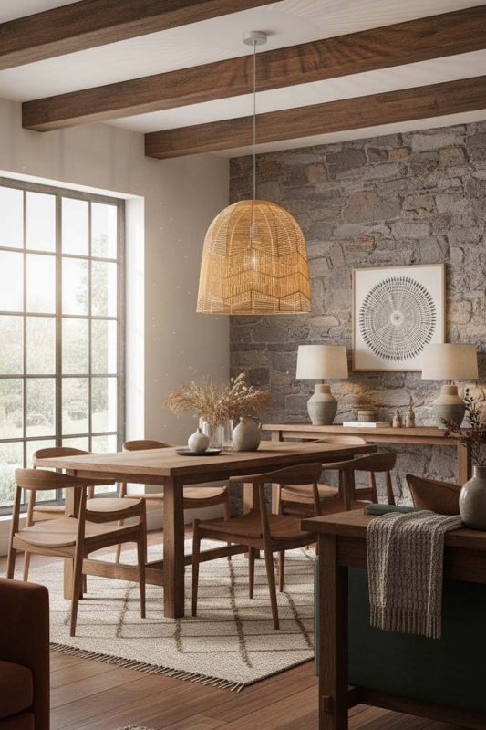 Organic Modern Beige Rattan Birdcage Pendant Light - Clean With Texture