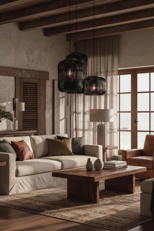 Organic Modern Black Rattan Capsule Pendant Light - Earthy & Minimal