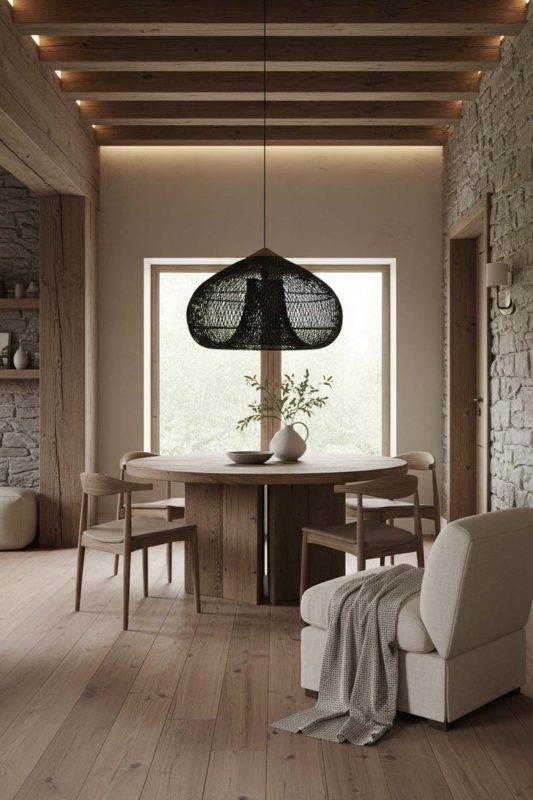 Organic Modern Black Vintage Wood Rattan Pendant Light - Clean With Texture