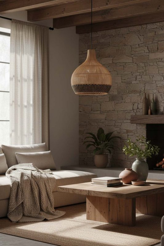 Organic Modern Bottom Black Rattan Pendant Light - Soft & Natural