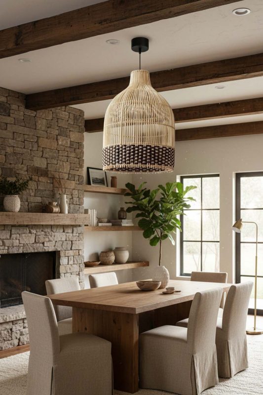 Organic Modern Bottom Dark Brown Wicker Bell Pendant Light - Clean With Texture