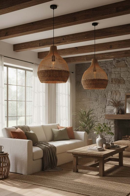Organic Modern Bottom Tan Brown Rattan Pendant Light - Modern & Warm