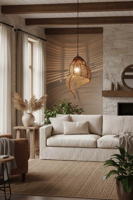 Organic Modern Brown Rattan Spiral Pendant Light - Earthy & Minimal