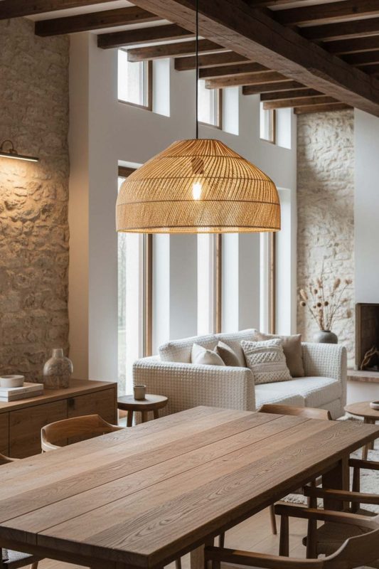 Organic Modern Natural Rattan Wide Dome Pendant Light - Clean With Texture