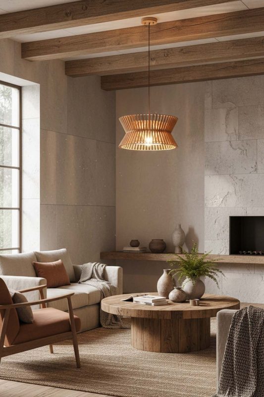 Organic Modern Round Wood Slat Pendant Light - Elegant Simplicity