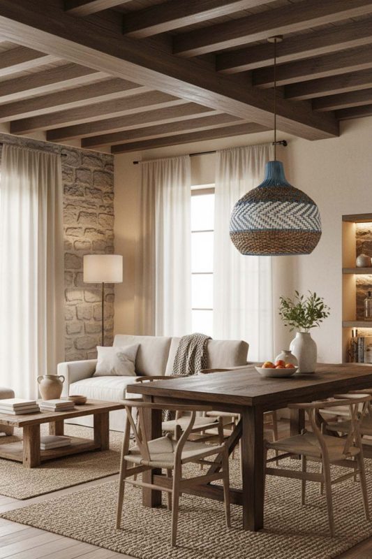 Organic Modern Tan Brown White Rattan Pendant Light - Soft & Natural