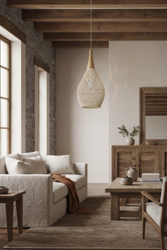 Organic Modern Vintage Wood Rattan Pendant Light D - Soft & Natural