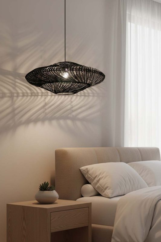 Bedside Black Ufo Shades Rattan Lamp - Upscale & Stylish
