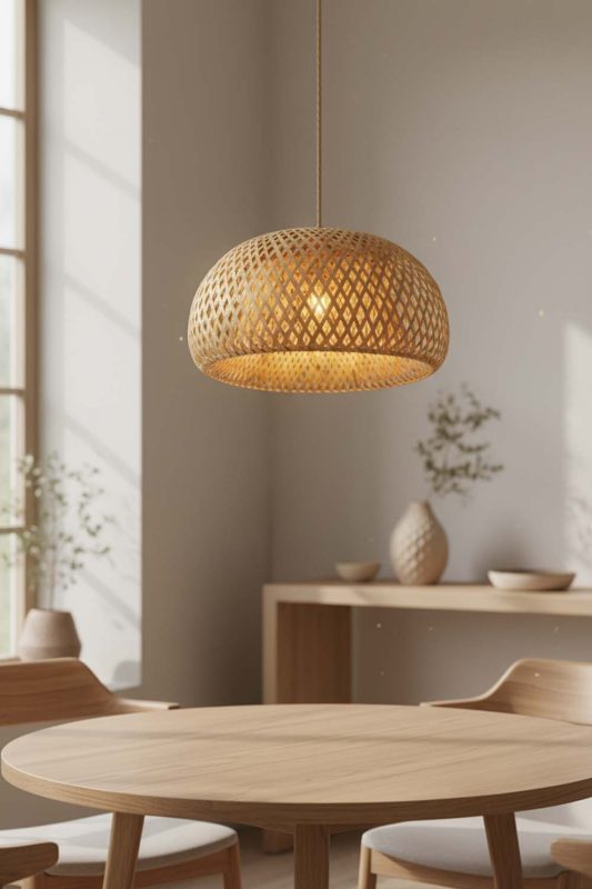 Dining Table Natural Bamboo Basket Light Shade - Warm & Inviting
