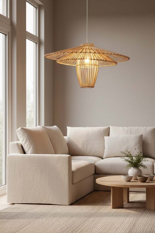 Living Room Beige Bamboo Starburst Pendant Light - Warm & Relaxing