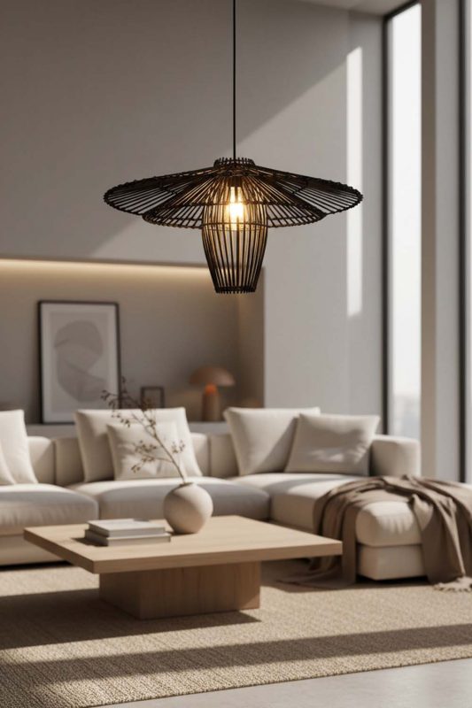 Living Room Black Bamboo Starburst Pendant Light - Cozy & Inviting