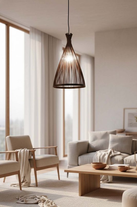 Living Room Black Bamboo Tapered Pendant Light - Stylish & Modern