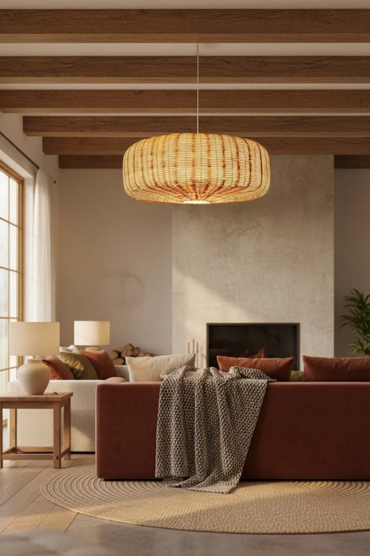 Organic Modern Flat Drum Rattan Chandelier - Elegant Simplicity