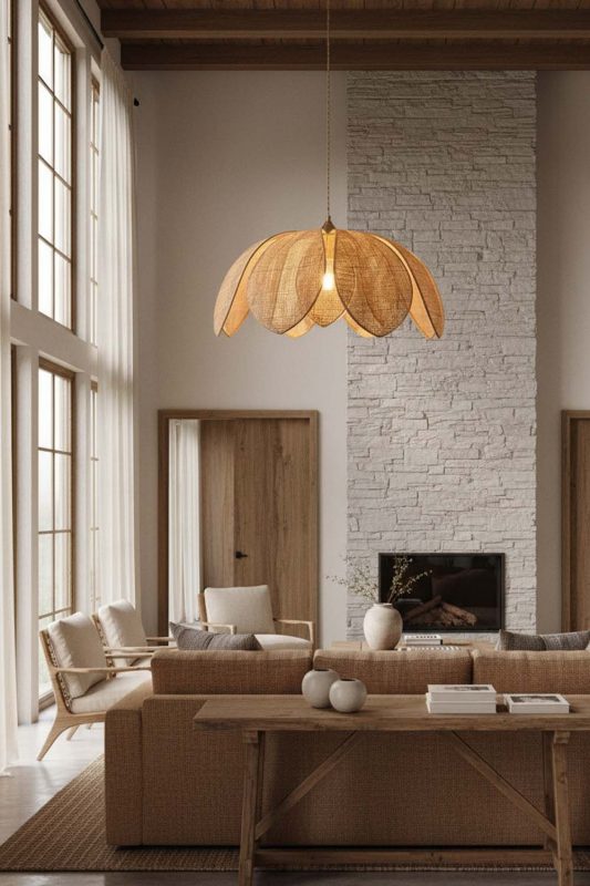 Organic Modern Flower Petal Rattan Pendant Light - Clean With Texture