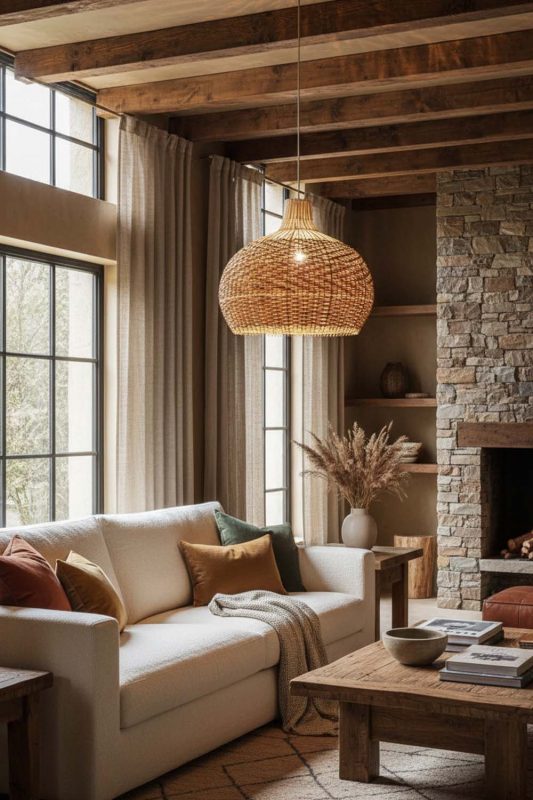 Organic Modern Red Orange Rattan Pendant Light - Clean With Texture