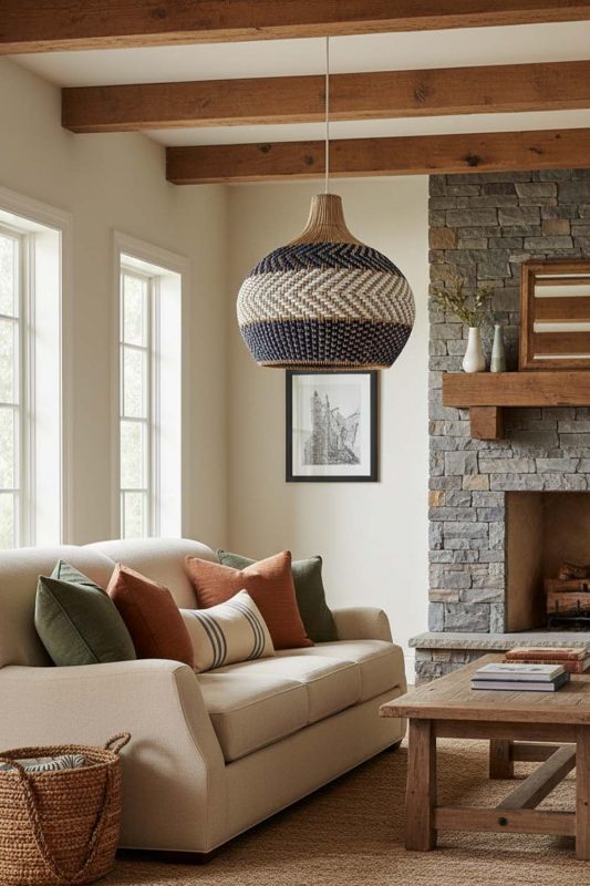 Organic Modern White Blue Rattan Pendant Light - Earthy & Minimal