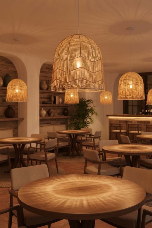 Restaurant Beige Rattan Birdcage Pendant Light - Upscale & Stylish
