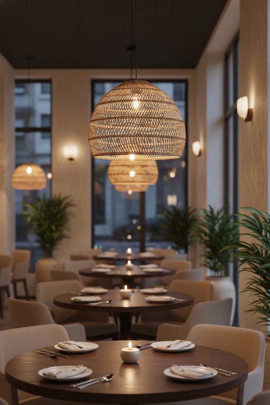Restaurant Beige Rattan Cage Pendant Light - Memorable Ambience