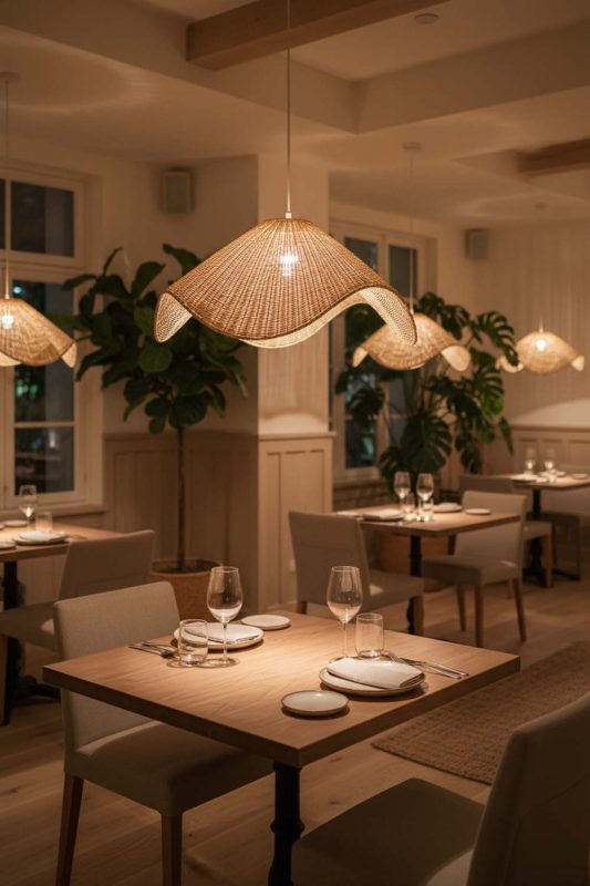 Restaurant Beige Rattan Wave Pendant Light - Cozy Fine Dining
