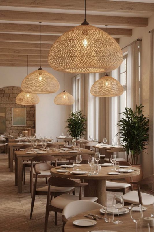 Restaurant Beige Wood Rattan Pendant Light B - Cozy Fine Dining