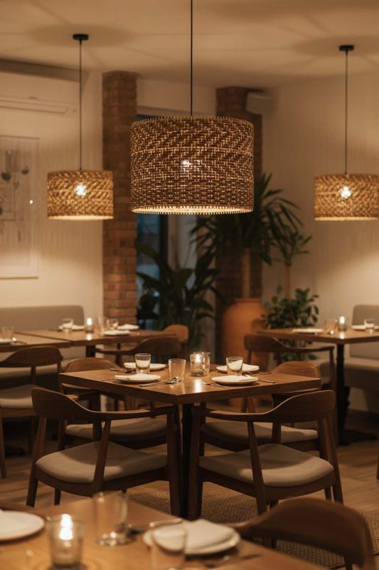 Restaurant Brown Rattan Drum Lamp Shade - Upscale & Stylish
