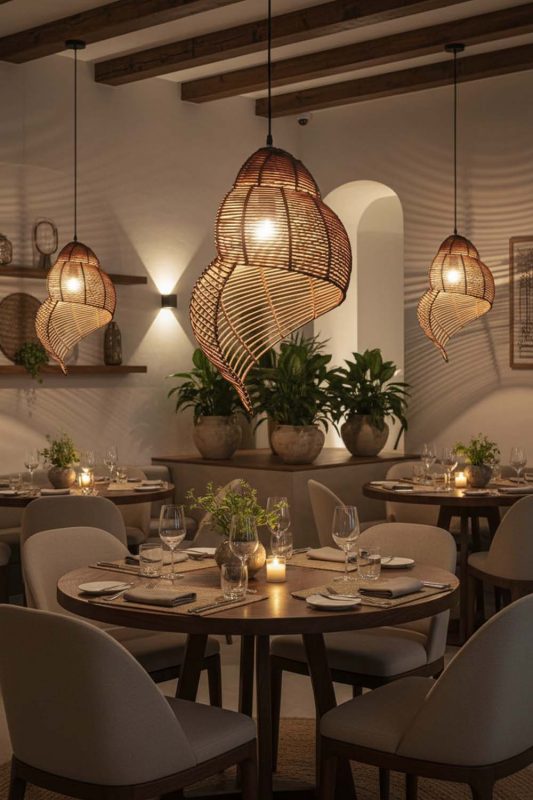 Restaurant Brown Rattan Spiral Pendant Light - Memorable Ambience