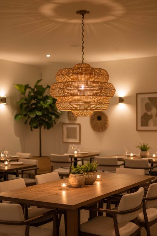 Restaurant Brown Tiered Rattan Chandelier - Warm & Inviting Atmosphere