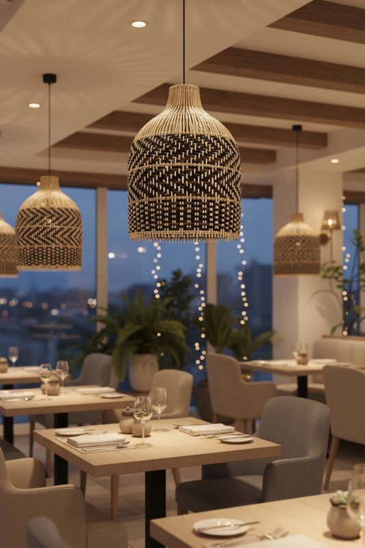 Restaurant Dark Brown Rattan Bell Pendant Light - Warm & Inviting Atmosphere