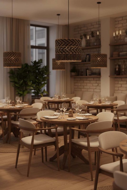 Restaurant Dark Rattan Drum Pendant Light - Cozy Fine Dining