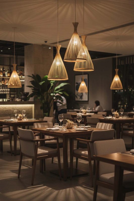 Restaurant Natural Bamboo Tapered Pendant Light - Cozy Fine Dining