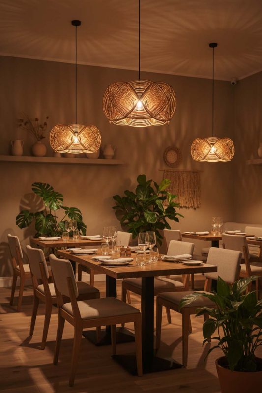 Restaurant Rattan Linear Pendant Light - Warm & Inviting Atmosphere