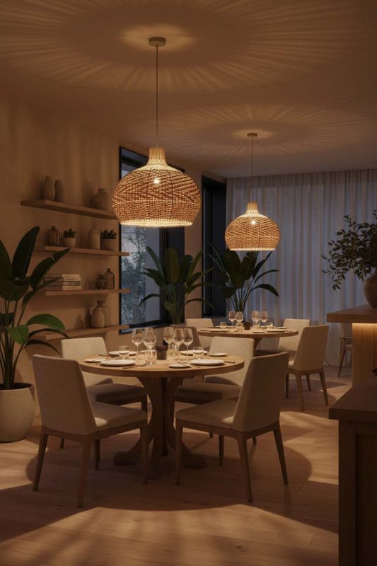 Restaurant Red Orange Rattan Pendant Light - Upscale & Stylish
