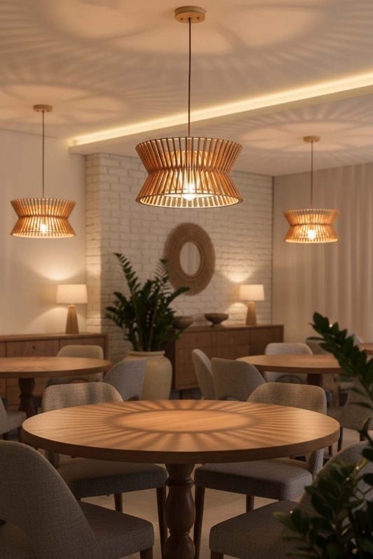 Restaurant Round Wood Slat Pendant Light - Cozy Fine Dining