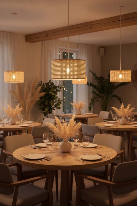 Restaurant Small Rattan Drum Pendant Light - Elegant Dining Experience