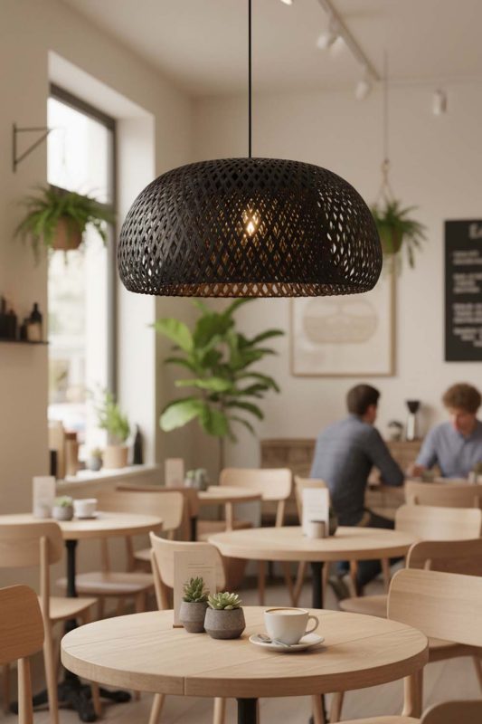 Restaurant Table Black Bamboo Basket Light Shade - Warm & Inviting Atmosphere