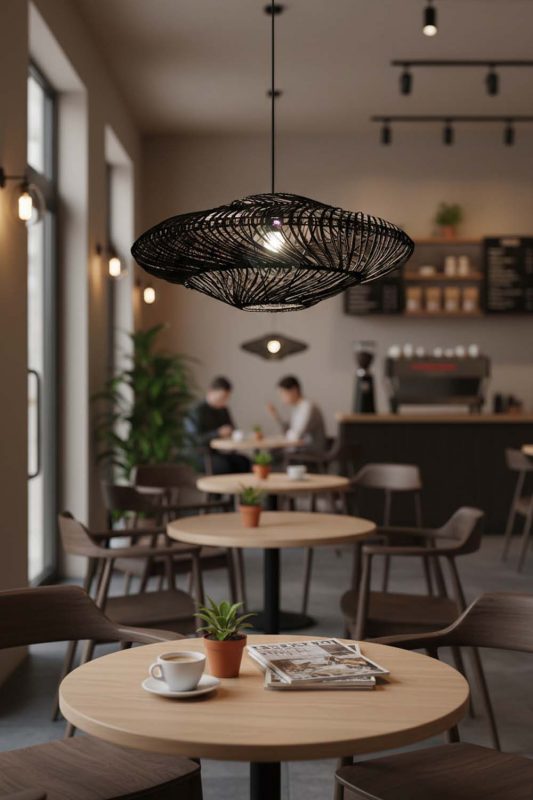 Restaurant Table Black Ufo Shades Rattan Lamp - Upscale & Stylish